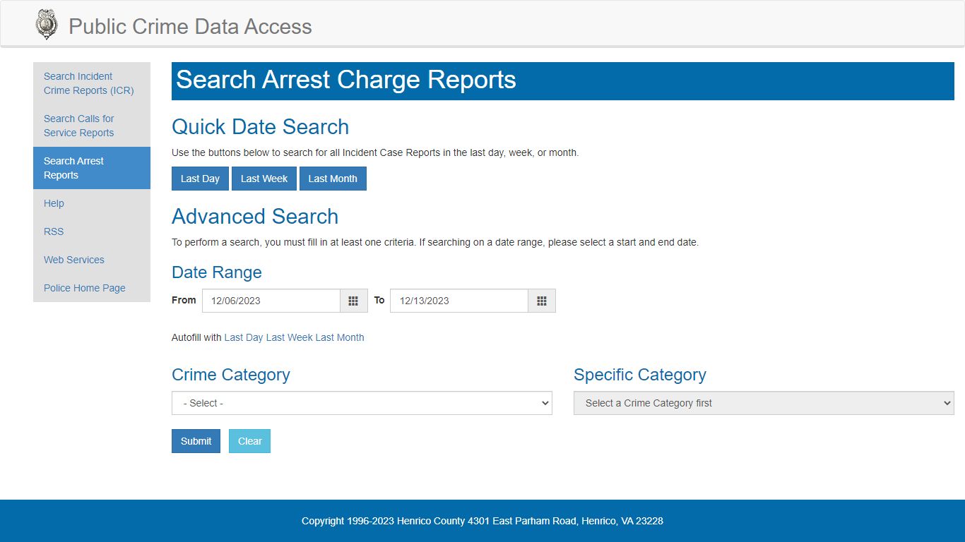 Arrest Charge Report Search - Henrico County, Virginia